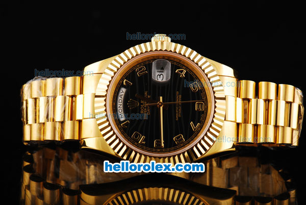 Rolex Day-Date II Swiss ETA 2836 Automatic Movement Full Gold with Black Dial and Gold Arabic Numeral Hour Markers - Click Image to Close